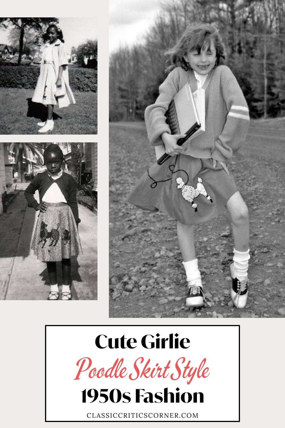 images of girls in poodle skirts with text overlay "cute girle poodle skirt style 1950s fashion"