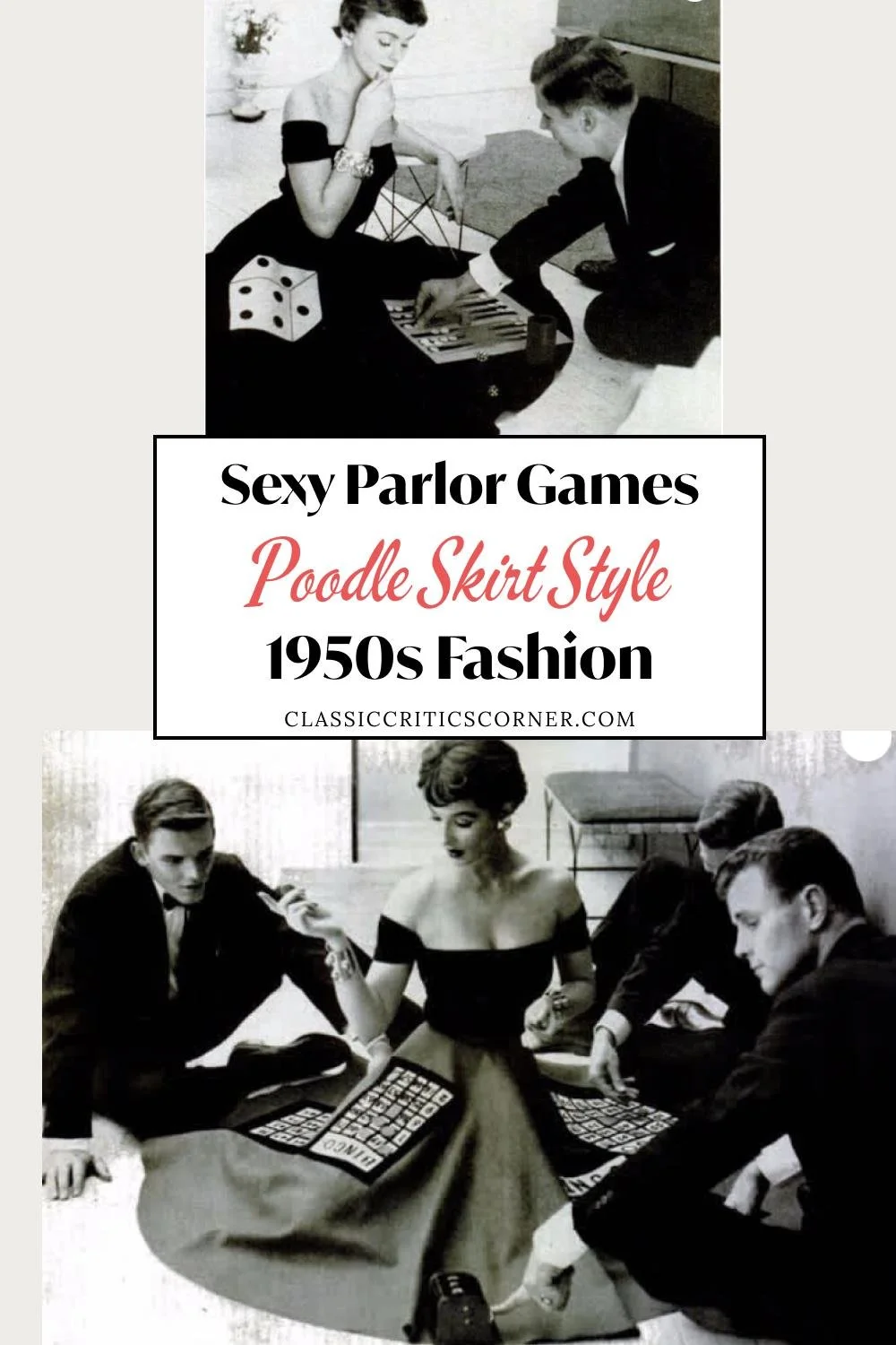 image of woman in a poodle skirt with text overlay "sexy parlor games poodle skirt style 1950s fashion"