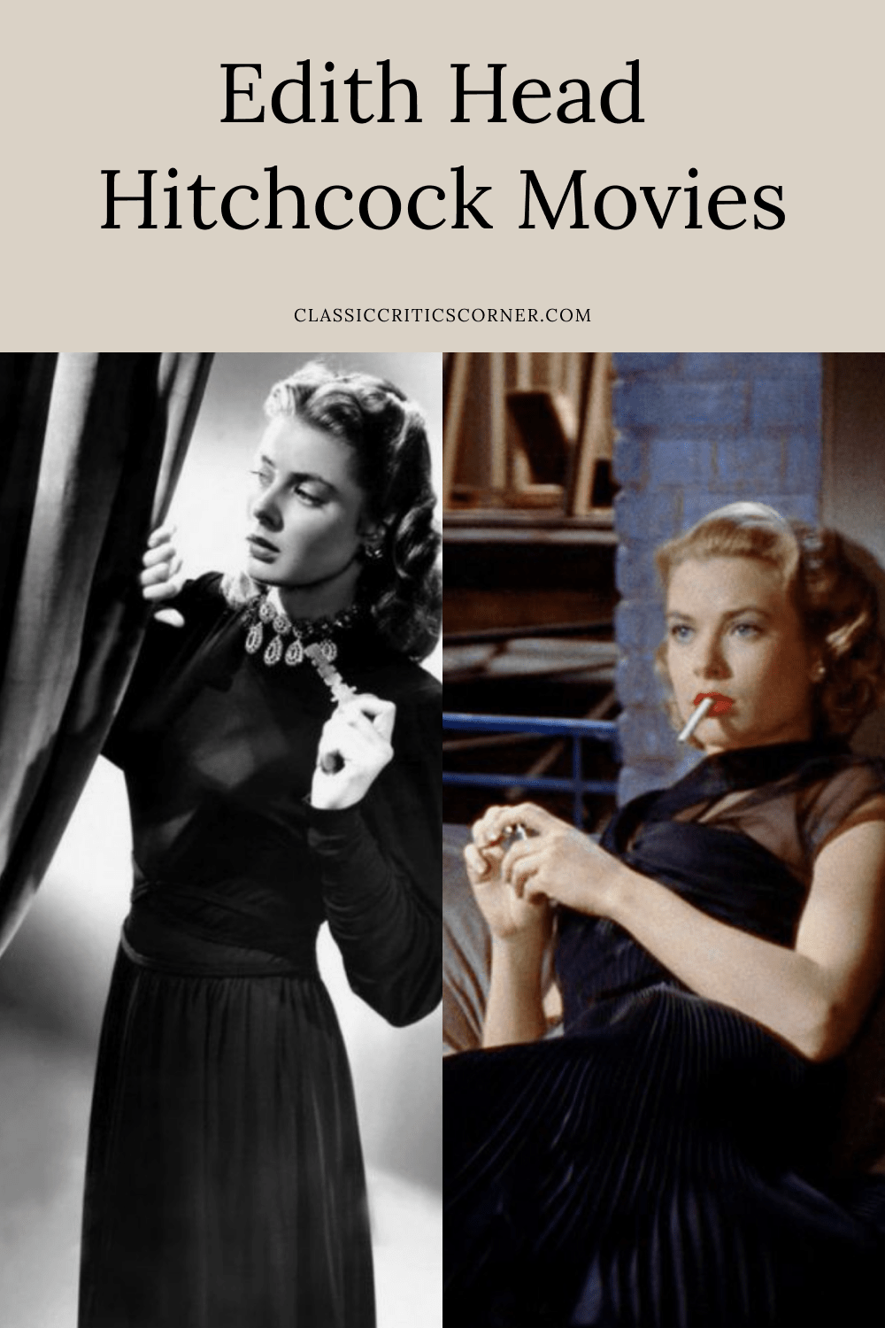 images of hitchcock heroines with text overlay "edith head hitchcock movies"
