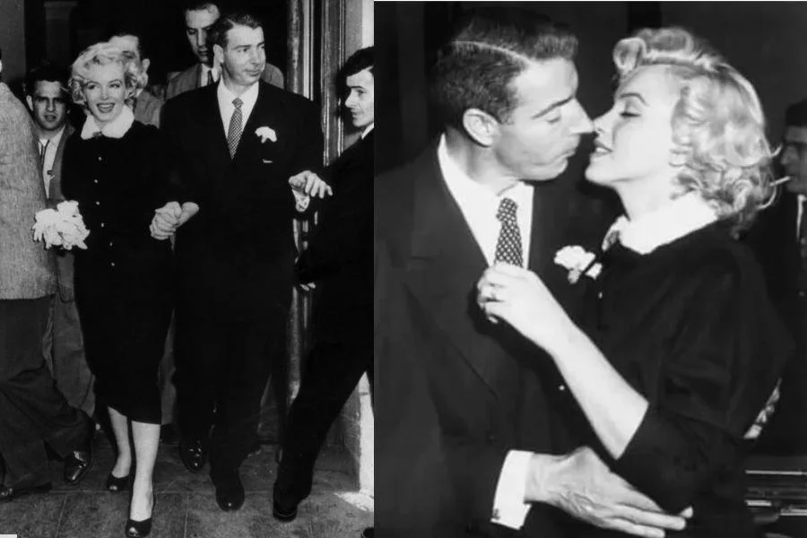 Two images of Marilyn Monroe wearing a 50s wedding dress