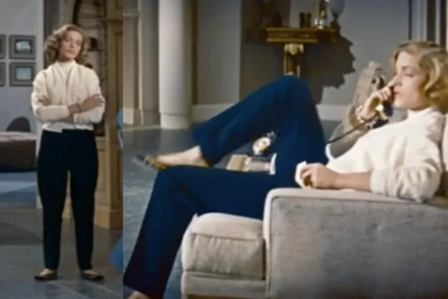 two images of lauren bacall wearing 1950s fashion cigarette pants