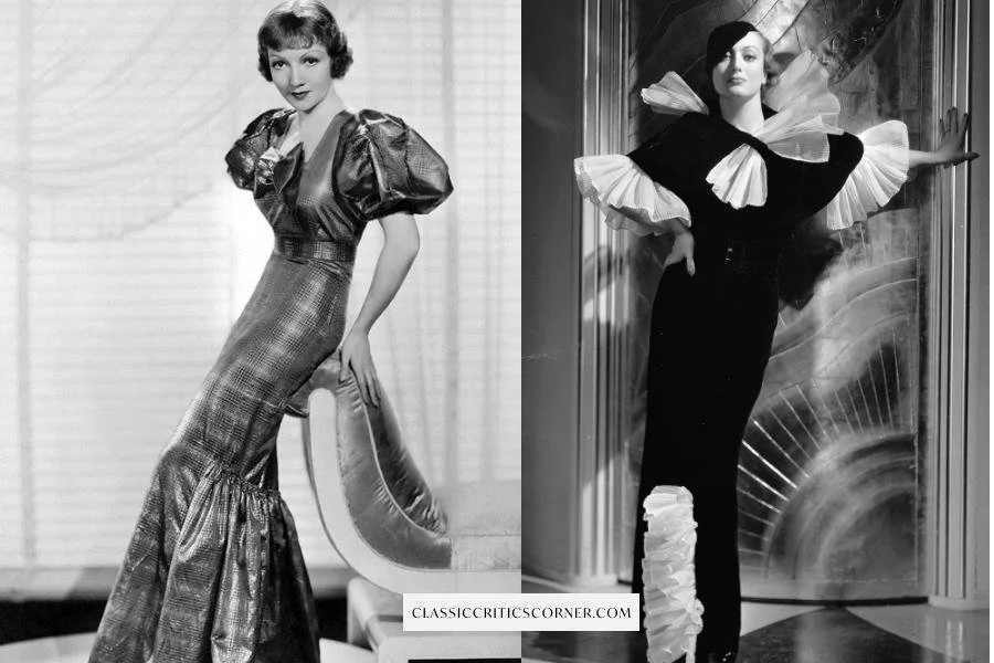 Images of Claudette Colbert and Joan Crawford wearing evening gowns in the 1930s