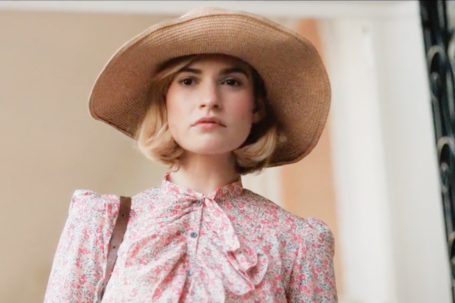 Image of Lily James wearing a 1930s hat and blouse in the movie "Rebecca"