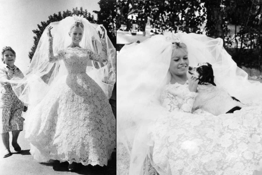 Two images of Brigitte Bardot in a 50s wedding dress