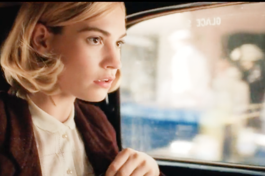 Image of Lily James wearing a 1930s blazer in the Rebecca 2020 movie
