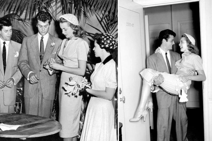 two image of Janet Leigh wearing a tea-length 1950s style wedding dress