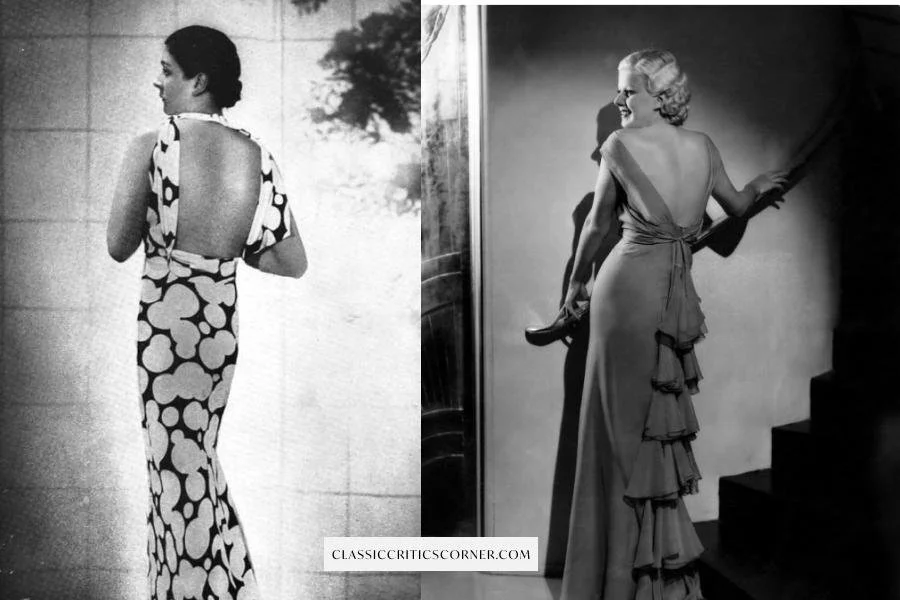 Images of women wearing backless evening gowns in the 1930s