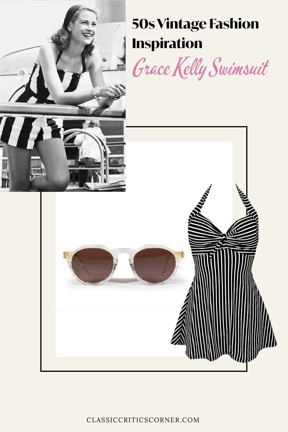 image of grace kelly in a swimsuit with text overlay "50s vintage fashion inspiration grace kelly swimsuit""
