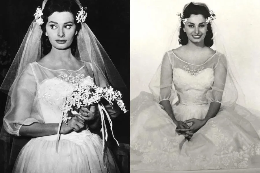 Two images of Sophia Loren in a 1950s fashion wedding dress