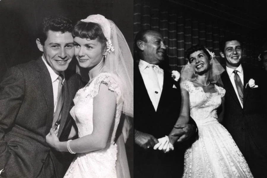 Two images of Debbie Reynolds wearing a vintage 1950s wedding dress