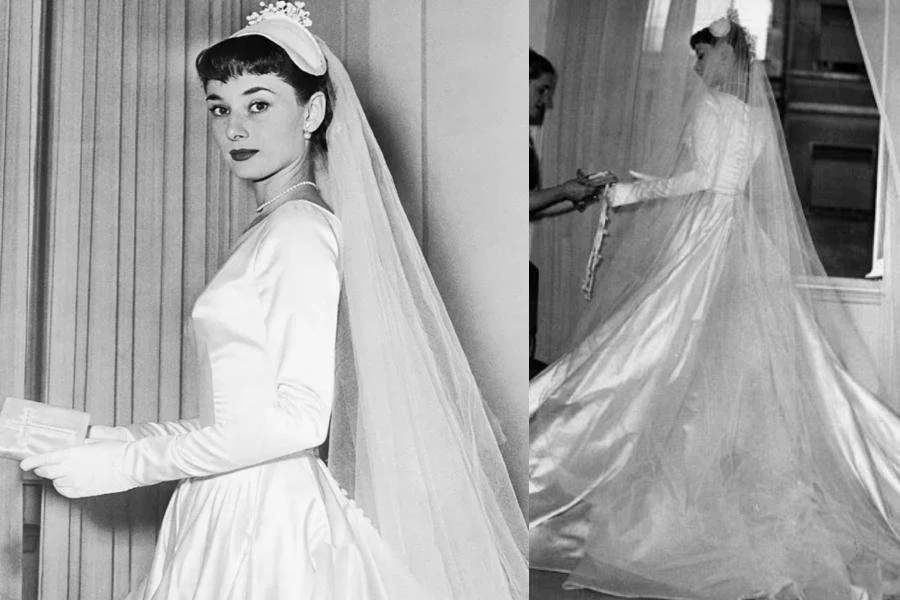 two images of Audrey Hepburn wearing a vintage 1950s wedding gown
