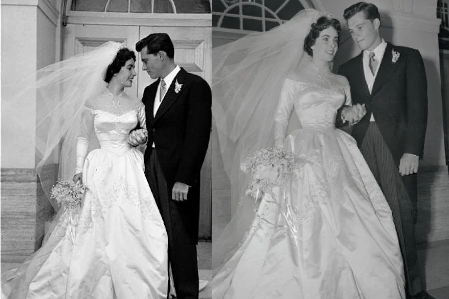 two images of elizabeth taylor wearing a 50s wedding dress