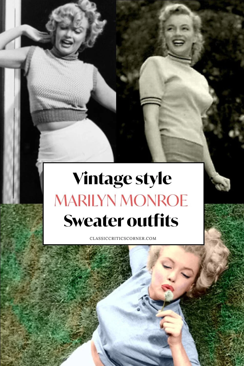 images of marilyn monroe wearing sweaters with text overlay "vintage style marilyn monroe sweater outfits"