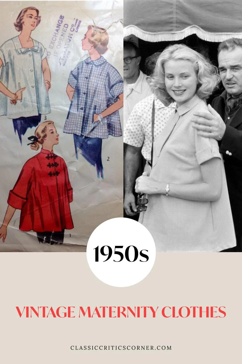images and vintage maternity pattern with text overlay "1950s vintage maternity clothes"