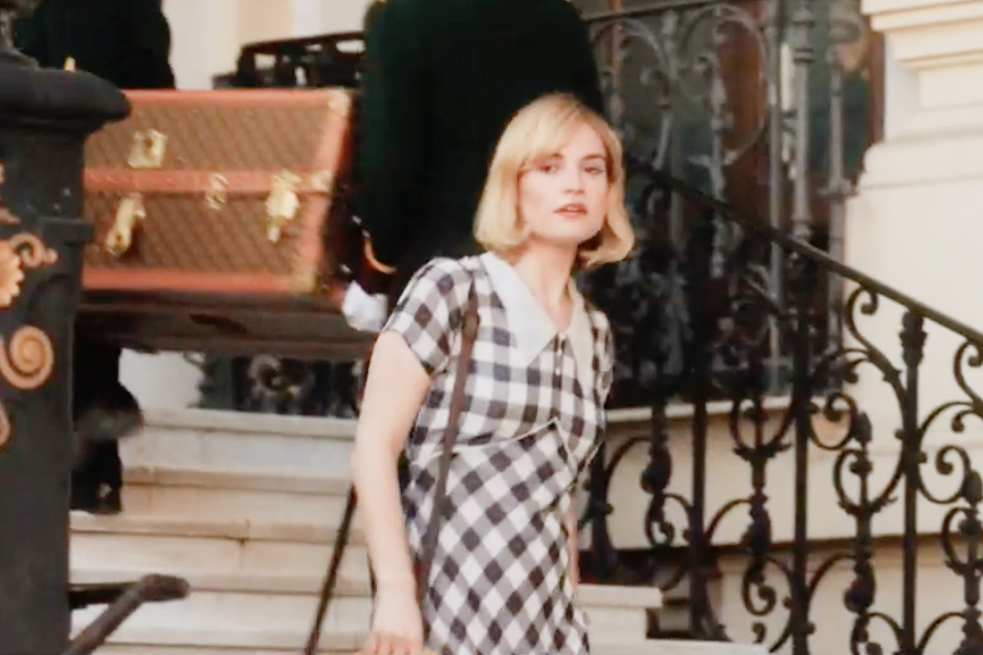 Image of Lily James wearing a 1930s dress in the movie "Rebecca"