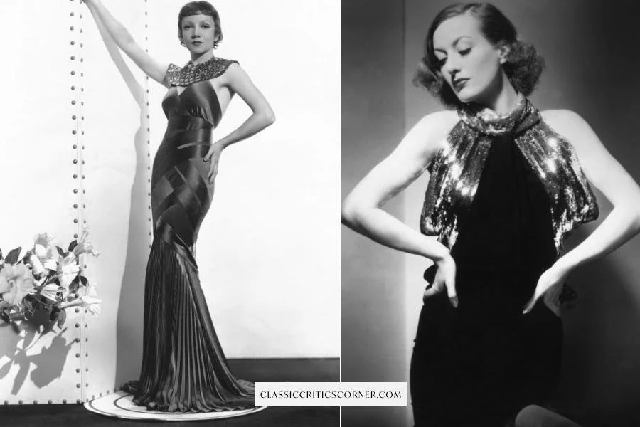 images of Claudette Colbert and Joan Crawford wearing 1930s evening gowns