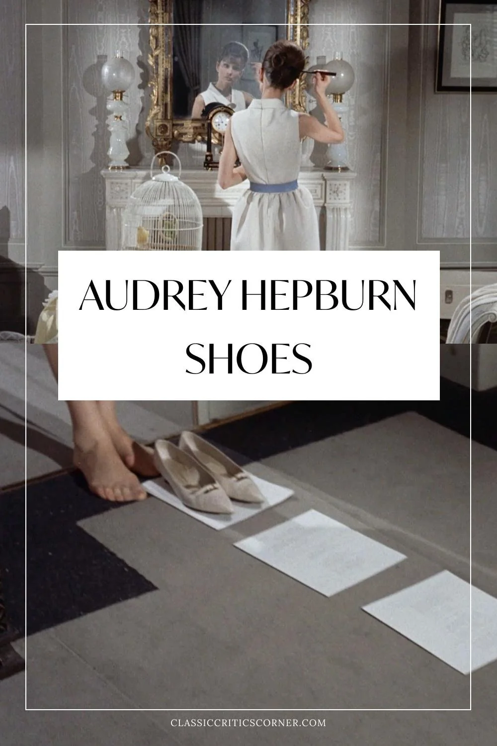 image of audrey hepburn trying on shoes with text overlay "audrey hepburn shoes"