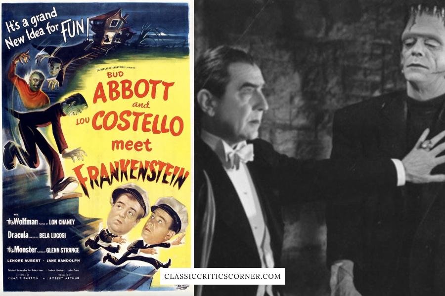 artwork and still from the 1940s comedy movie "abbott and costello meet frankenstein"