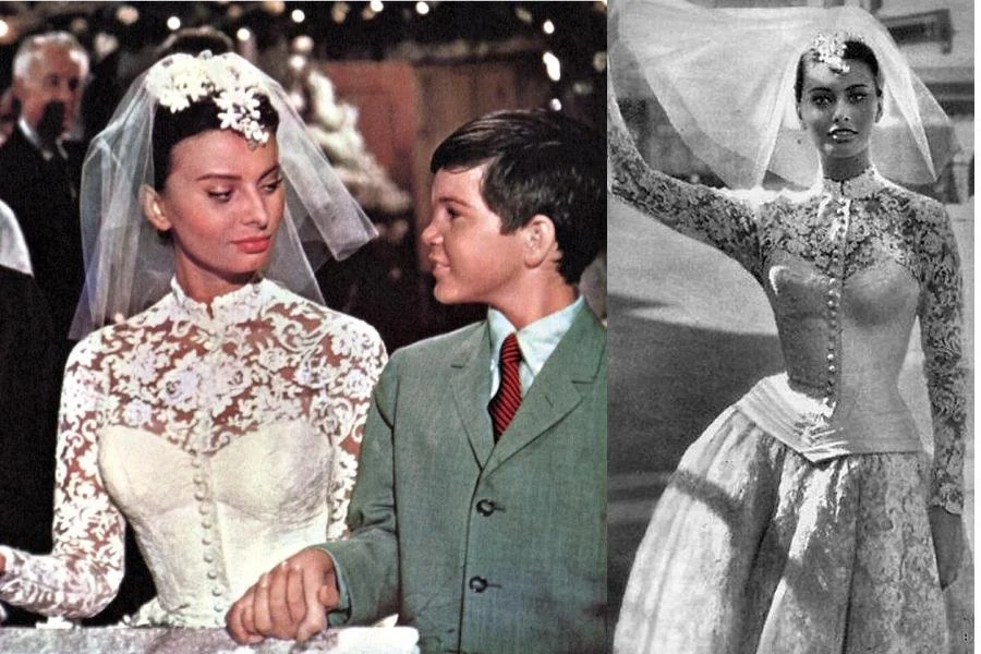 Two images of Sophia Loren in a 50s wedding dress from the movie Houseboat