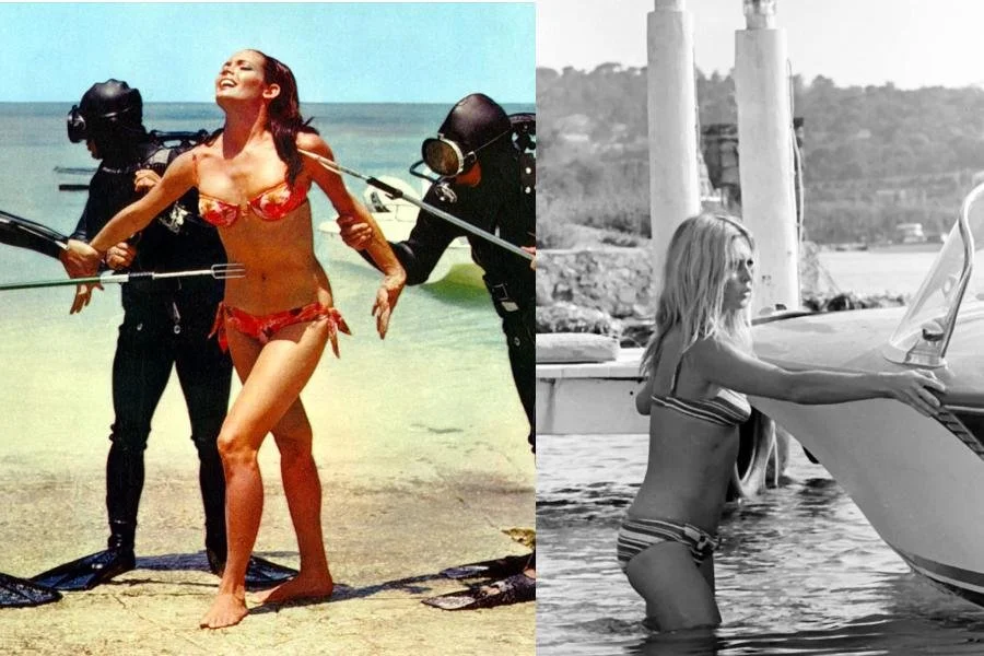 Images of Brigitte Bardot and Martine Beswick wearing 1960s bikinis