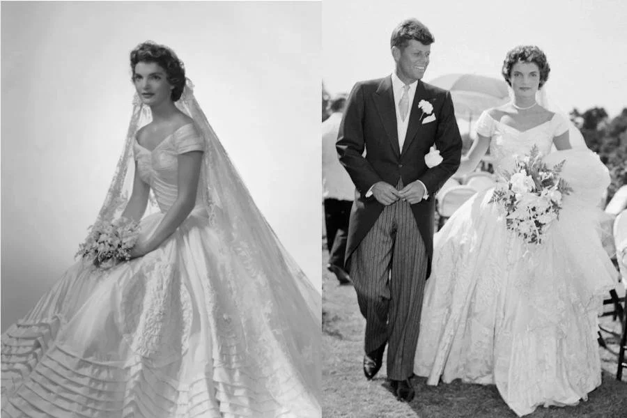 Two images of Jacqueline Bouvier in her 50s wedding dress