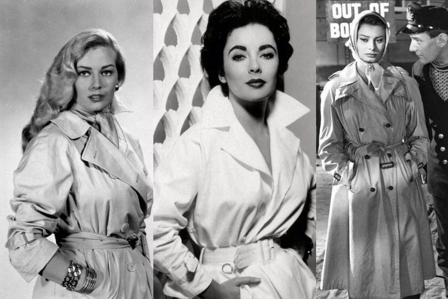 images of Anita Eckberg, Elizabeth Taylor and Sophia Loren wearing the 1950s trench coat