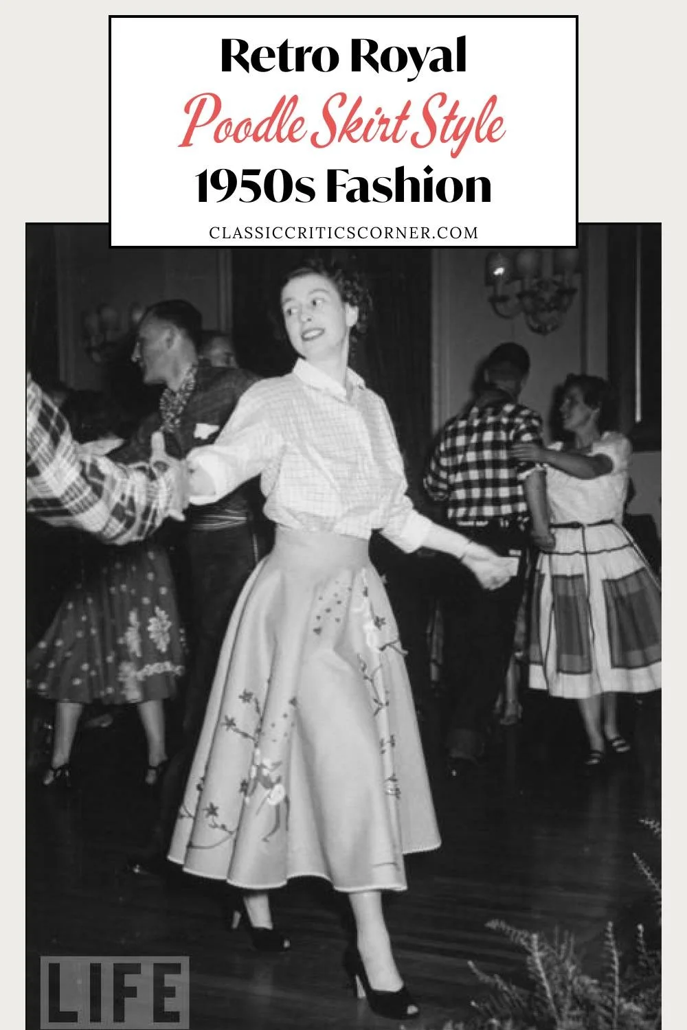 image of Queen Elizabeth in a poodle skirt with text overlay "retro royal poodle skirt style 1950s fashion"