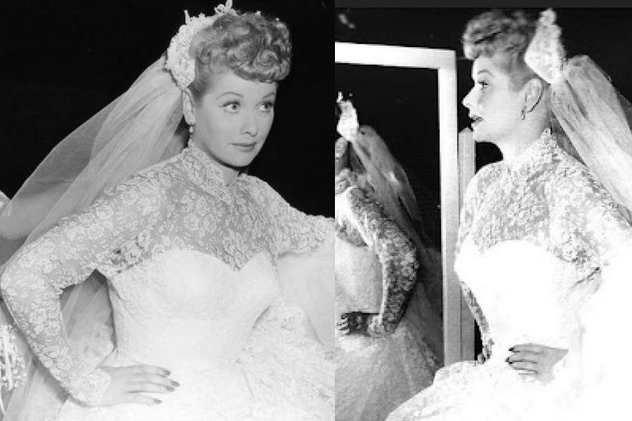 Two images of Lucille Ball wearing a 1950s wedding gown
