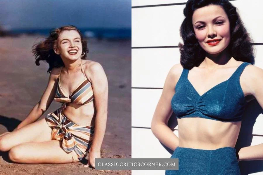 Images of Marilyn Monroe and Gene Tierney wearing vintage two-piece swimsuits