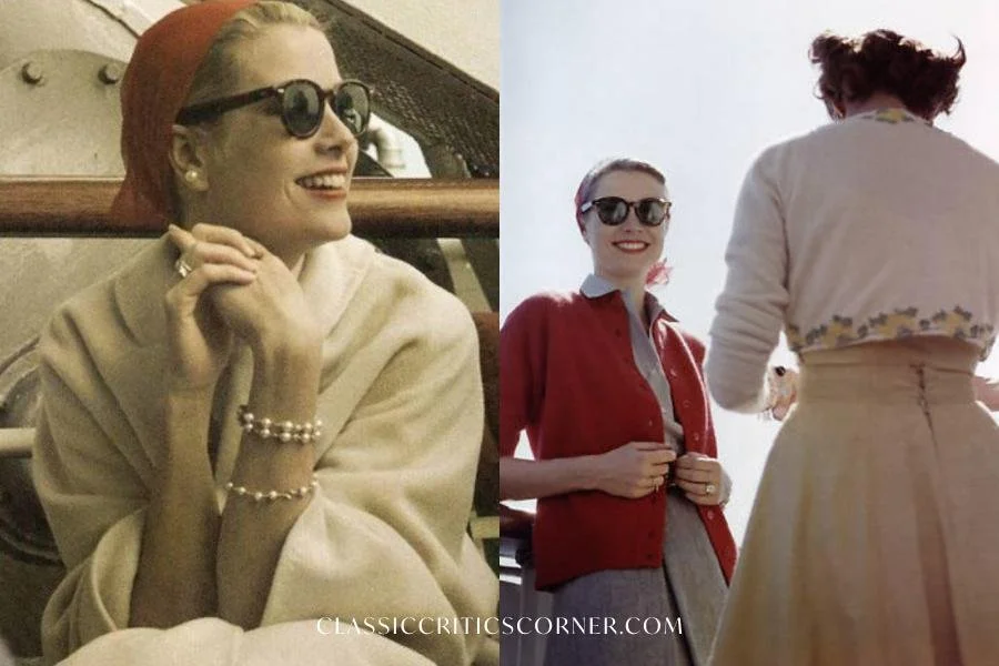 Images of Grace Kelly in the 1950s wearing sunglasses and a headscarf