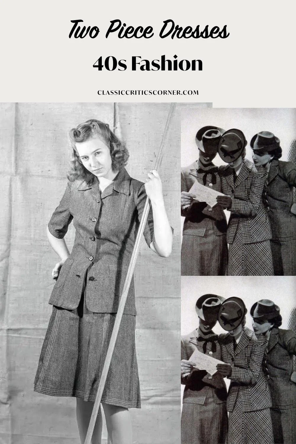 images of women wearing dresses with text overlay "two piece dresses 40s fashion"