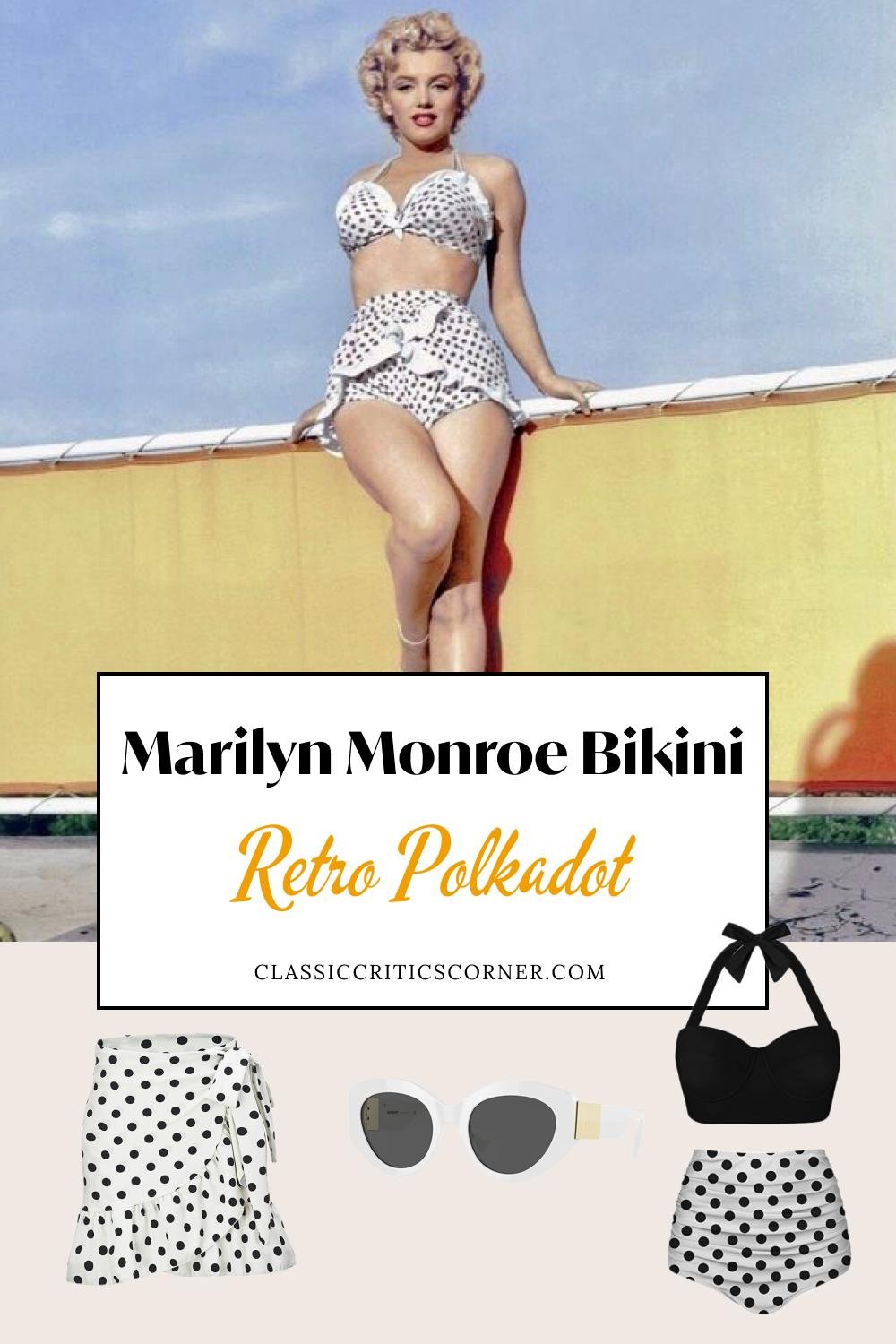 image of marilyn monroe in a swimsuit with text overlay "marilyn monroe bikini retro polkadot"