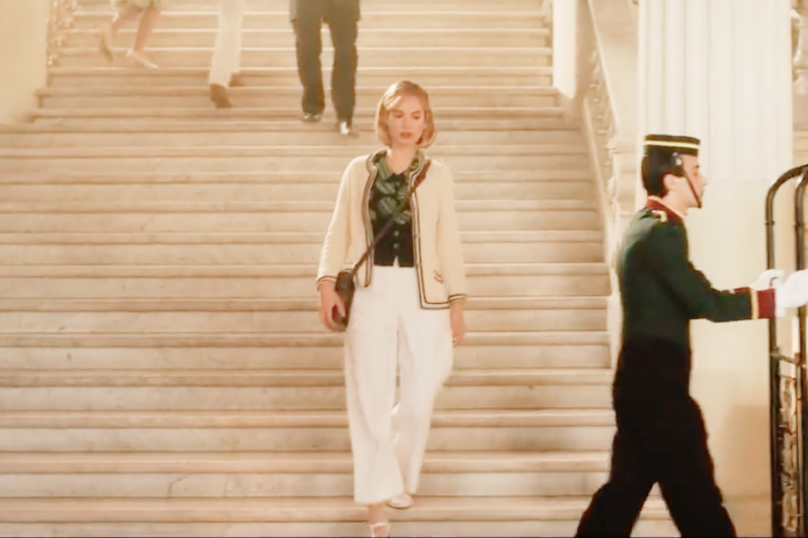 Image of Lily James wearing a 1930s pants outfit in the movie "Rebecca"