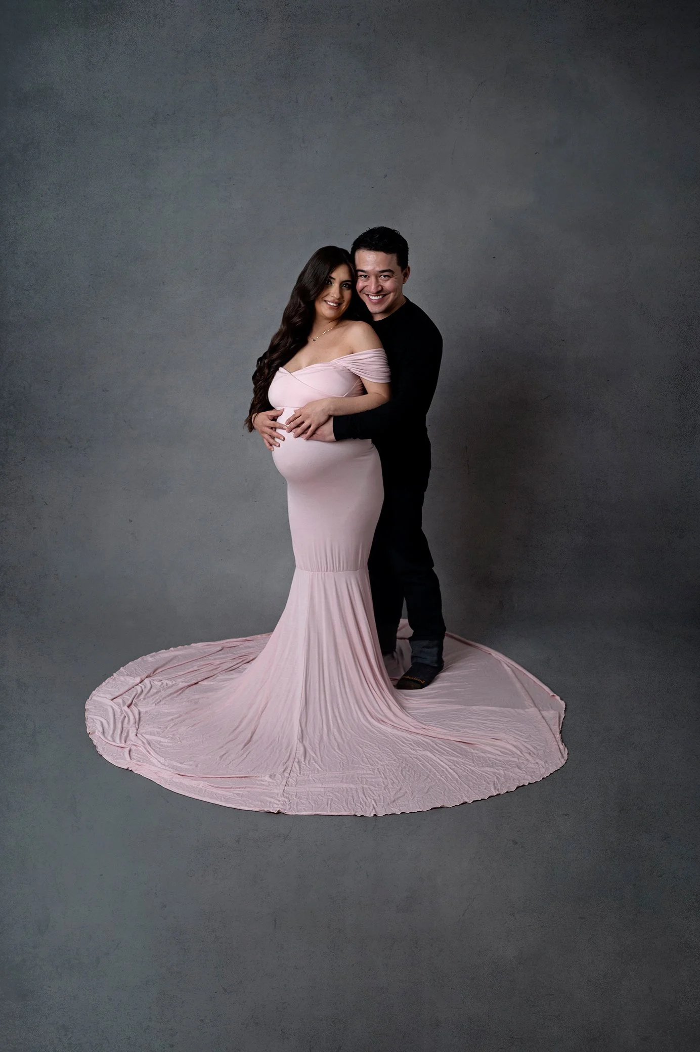 Studio Maternity Couple grey background Pink Gown