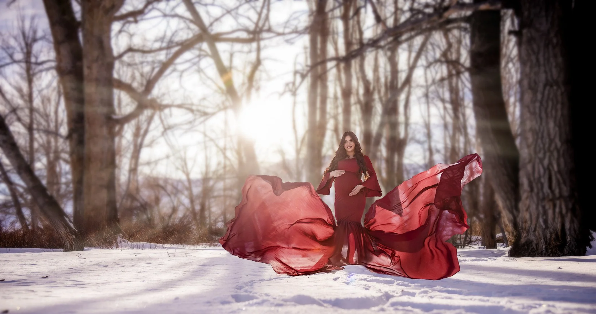 Winter Wonderland Red Gown Maternity Session