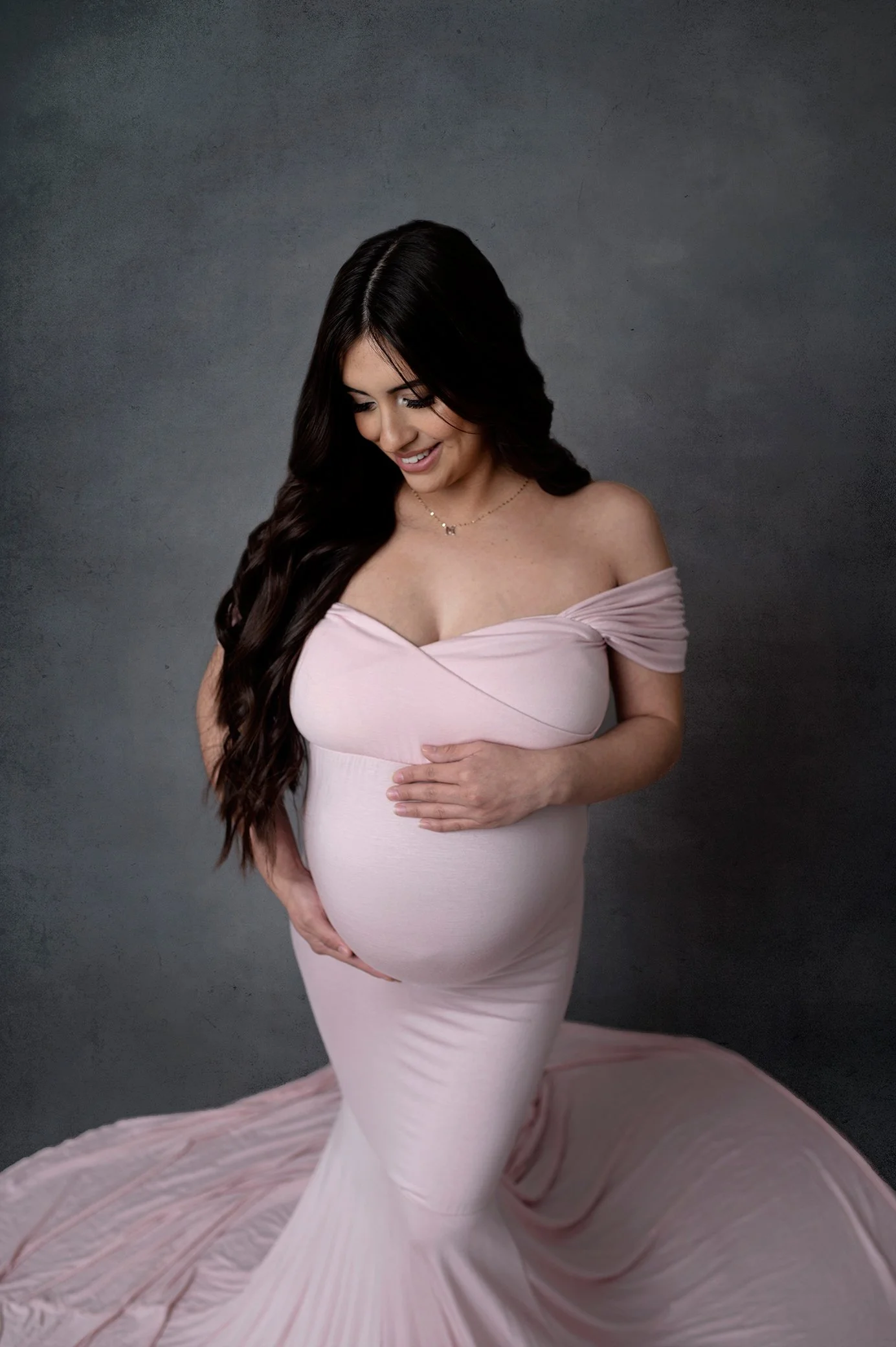 Pink Gown Studio Maternity Grey Background