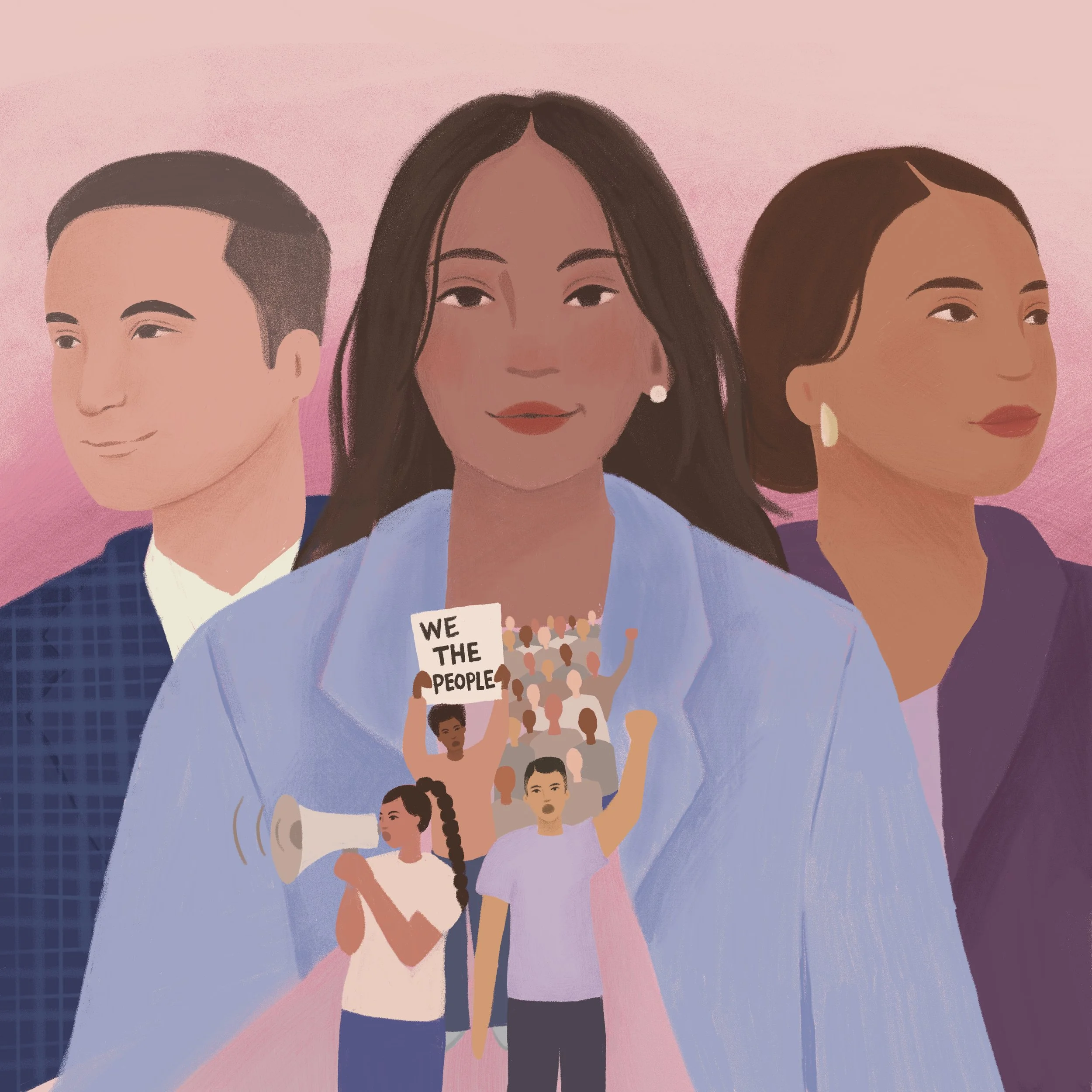 Second illustration for SCG on what diverse democracy looks like. This shows our diverse leadership standing behind a rally of people.