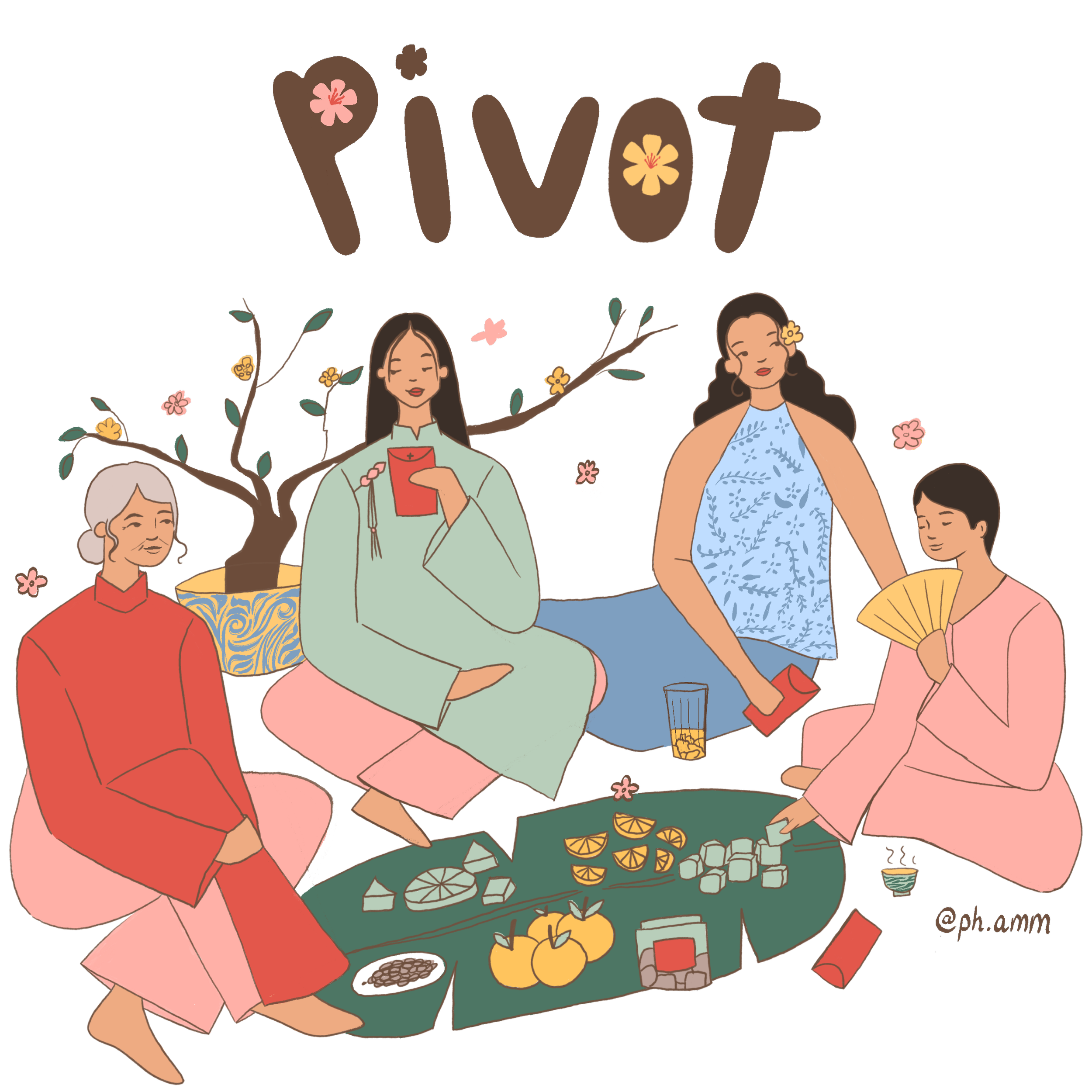 Lunar new year gathering merch illustration for PIVOT: Progressive Vietnamese American Organization