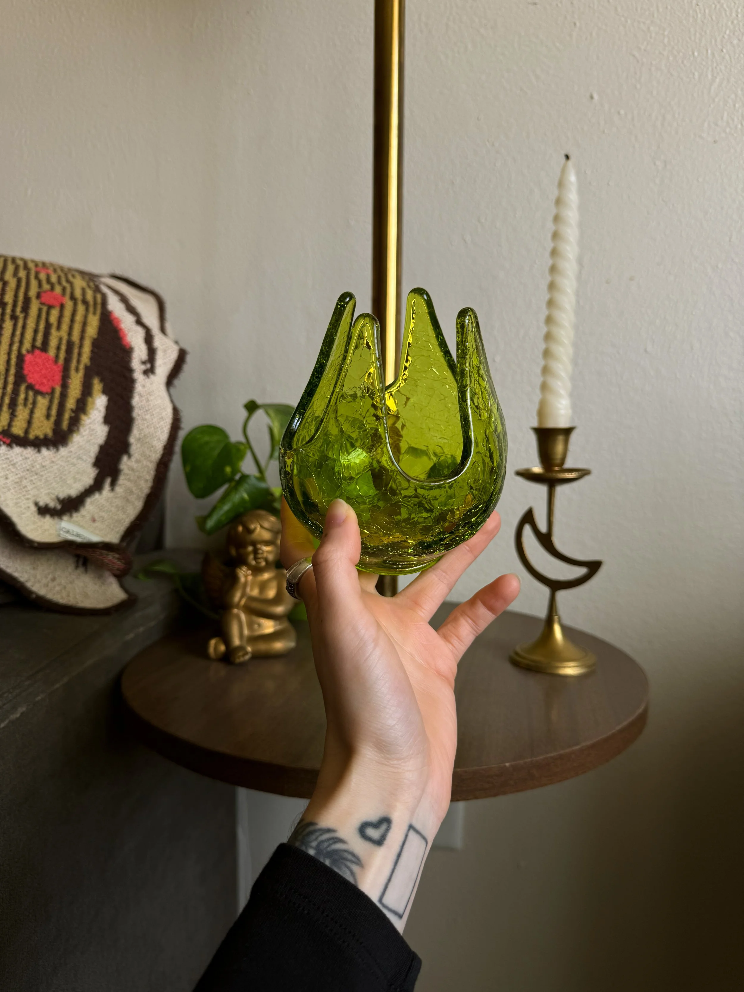 Vtg MCM Green Glass Candle Holder