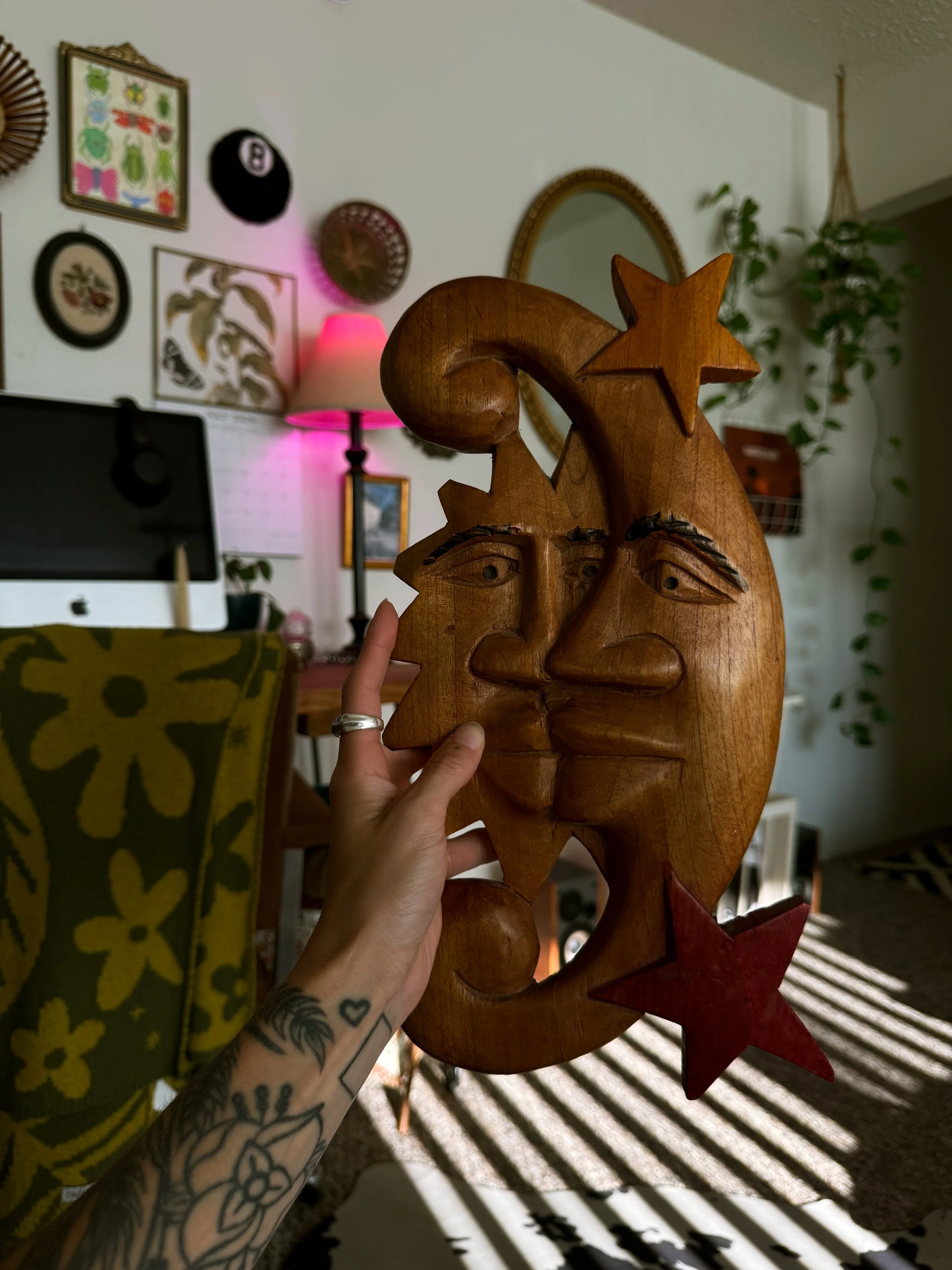 RARE Vintage Hand-Carved Wooden Crescent Moon & Sun