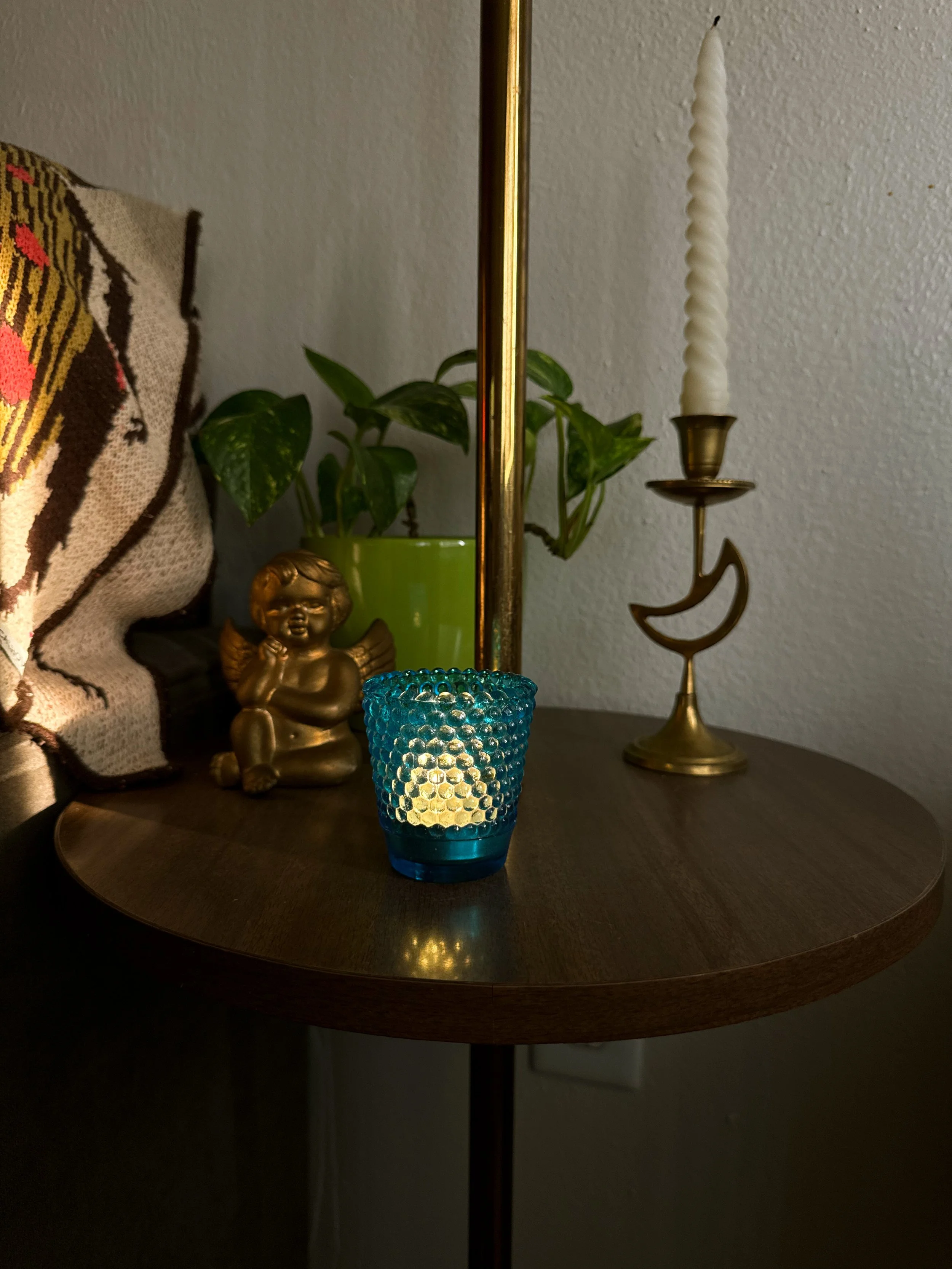 Vtg Aqua Glass Tealight Holder