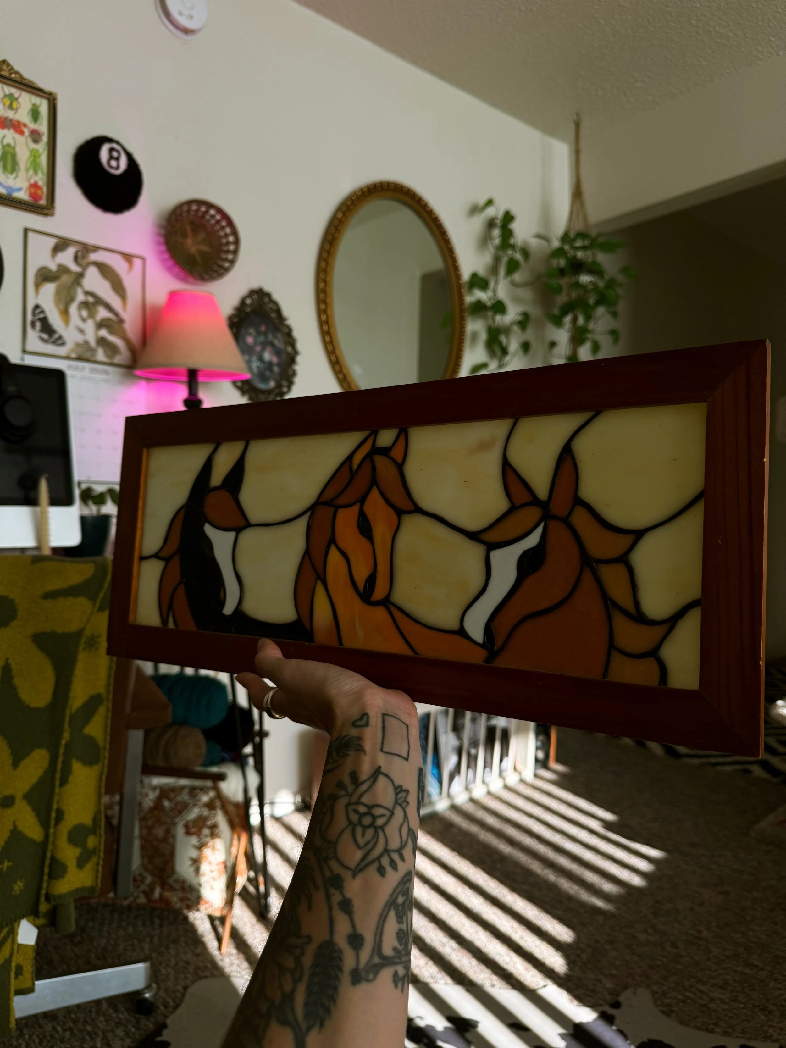 RARE Vtg Stained Glass Horses Window