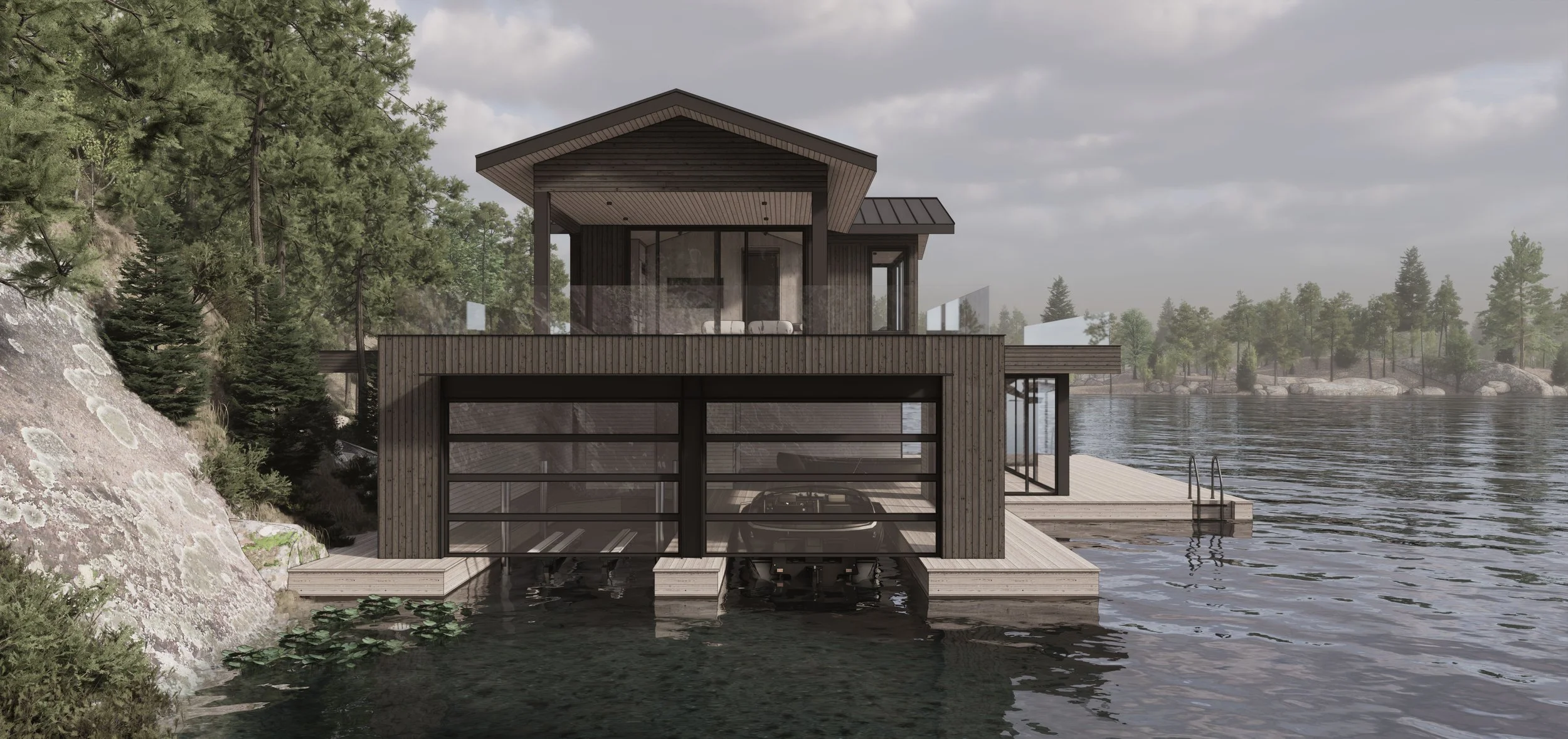 Modern Boathouse Clad in dark wood siding with sloped standing seam metal roof in Muskoka, Lake Rosseau