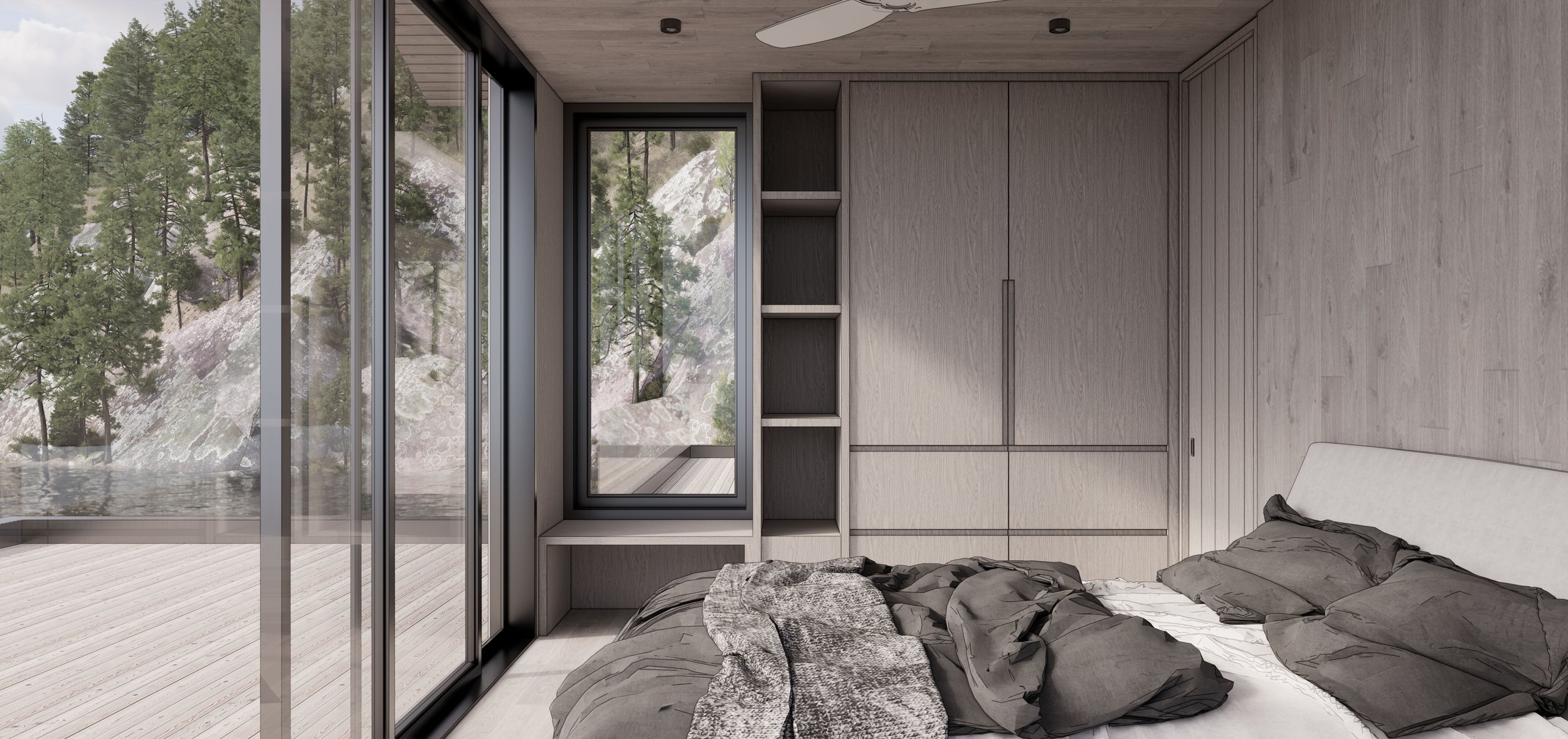 Modern Muskoka Boathouse, Second Floor Bedroom wit white oak floor, walls and millwork