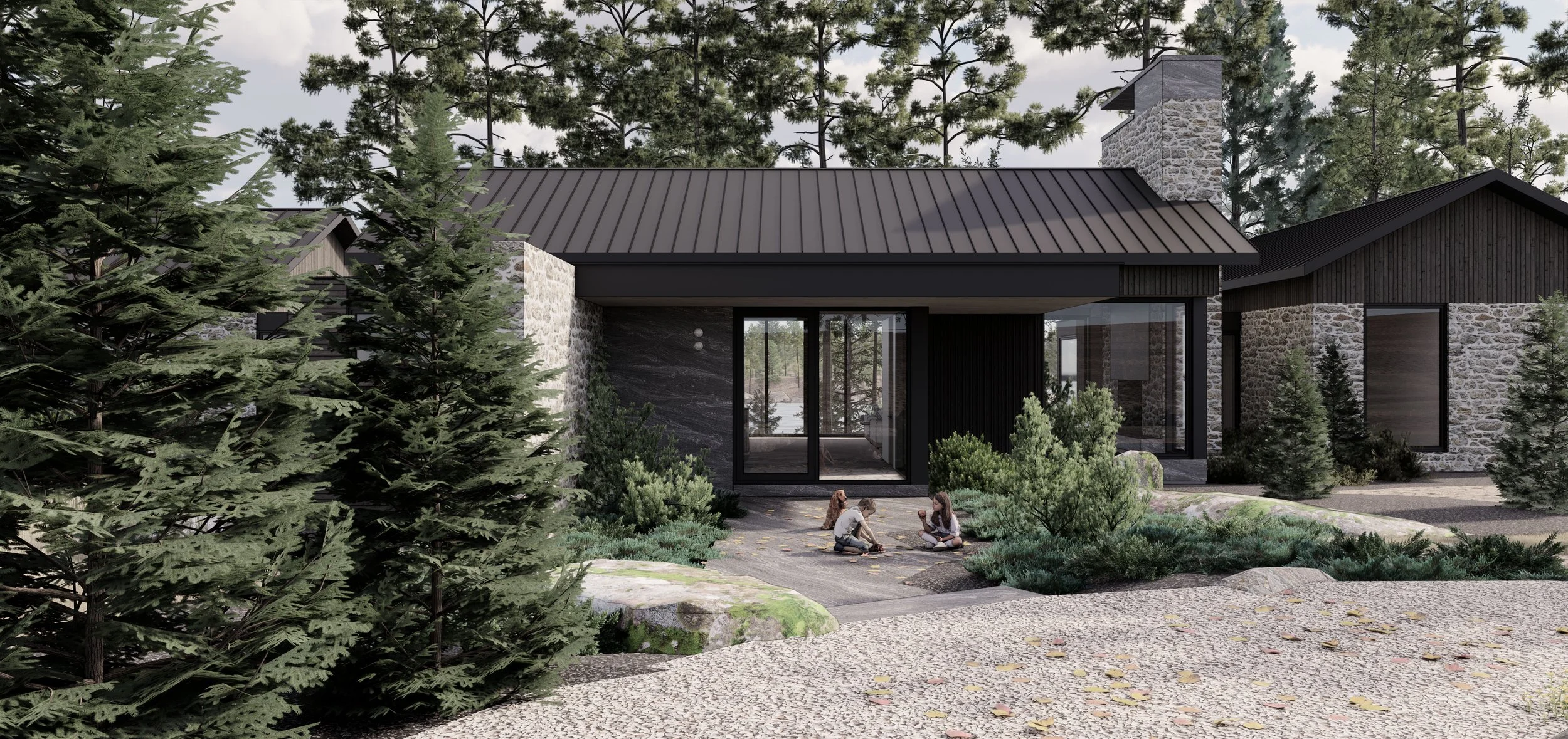 Exterior rendering of a contemporary Muskoka estate integrated into granite rock, pine forest, and lakeside terrain