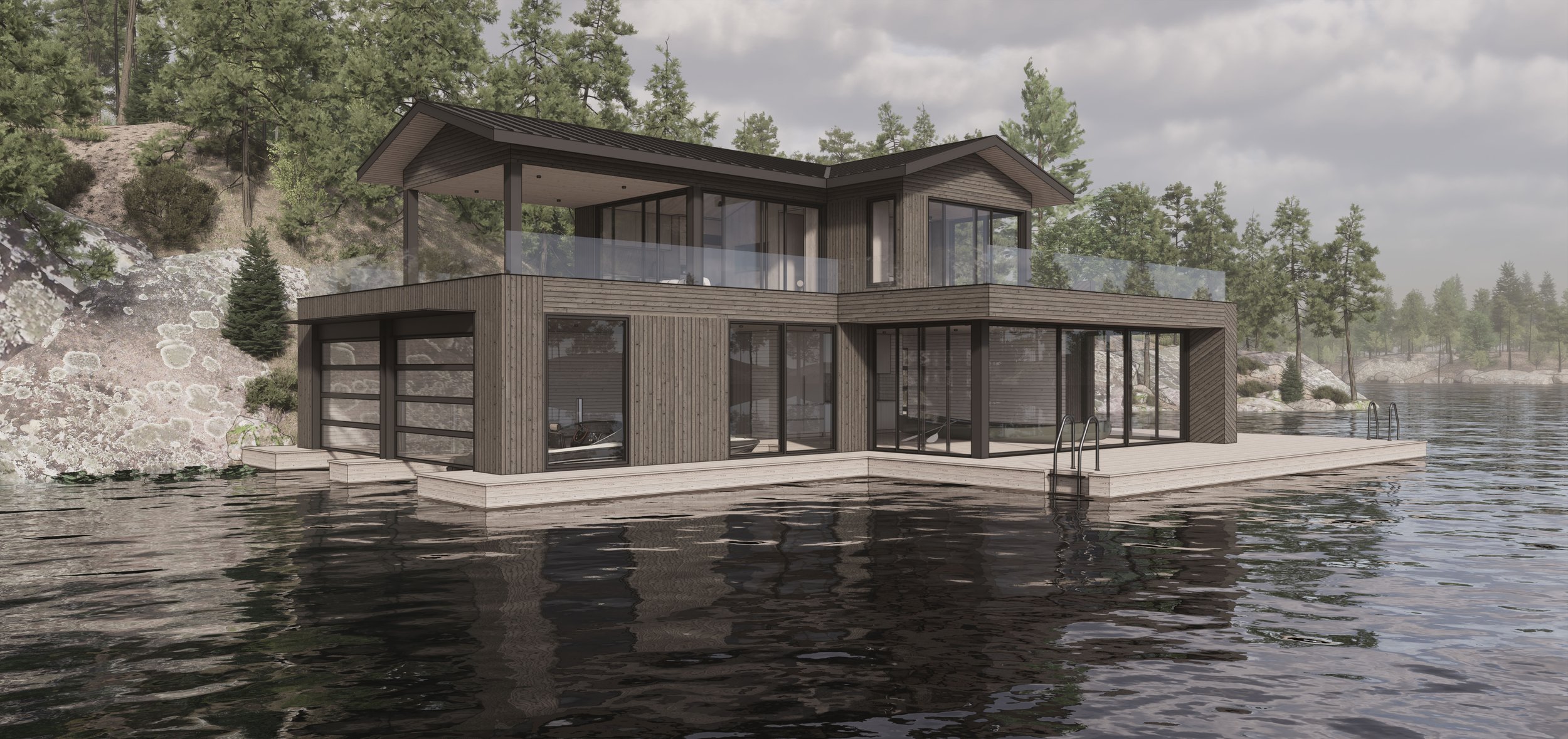 Modern Boathouse Clad in dark wood siding with sloped standing seam metal roof in Muskoka, Lake Rosseau