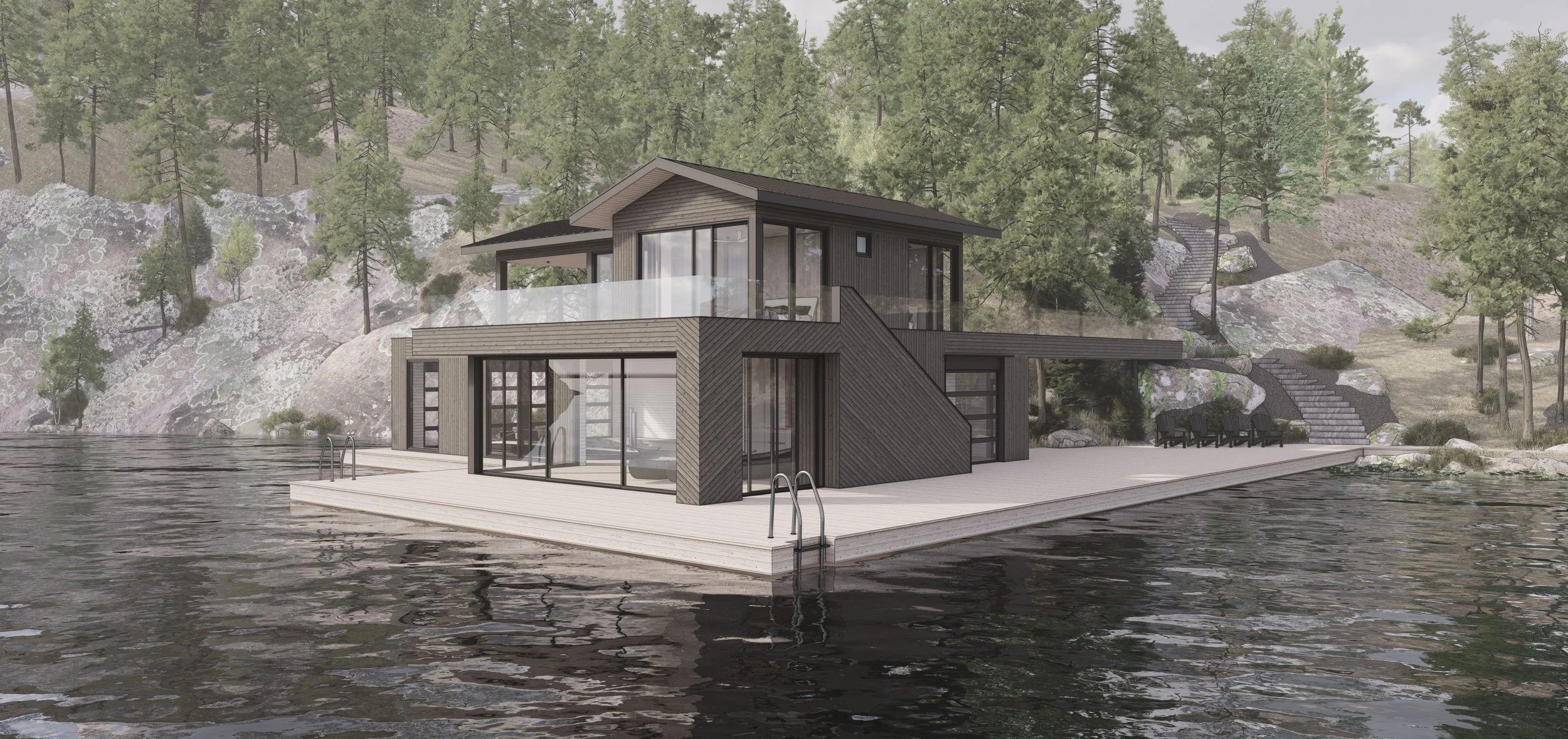 Modern Boathouse Clad in dark wood siding with sloped standing seam metal roof in Muskoka, Lake Rosseau