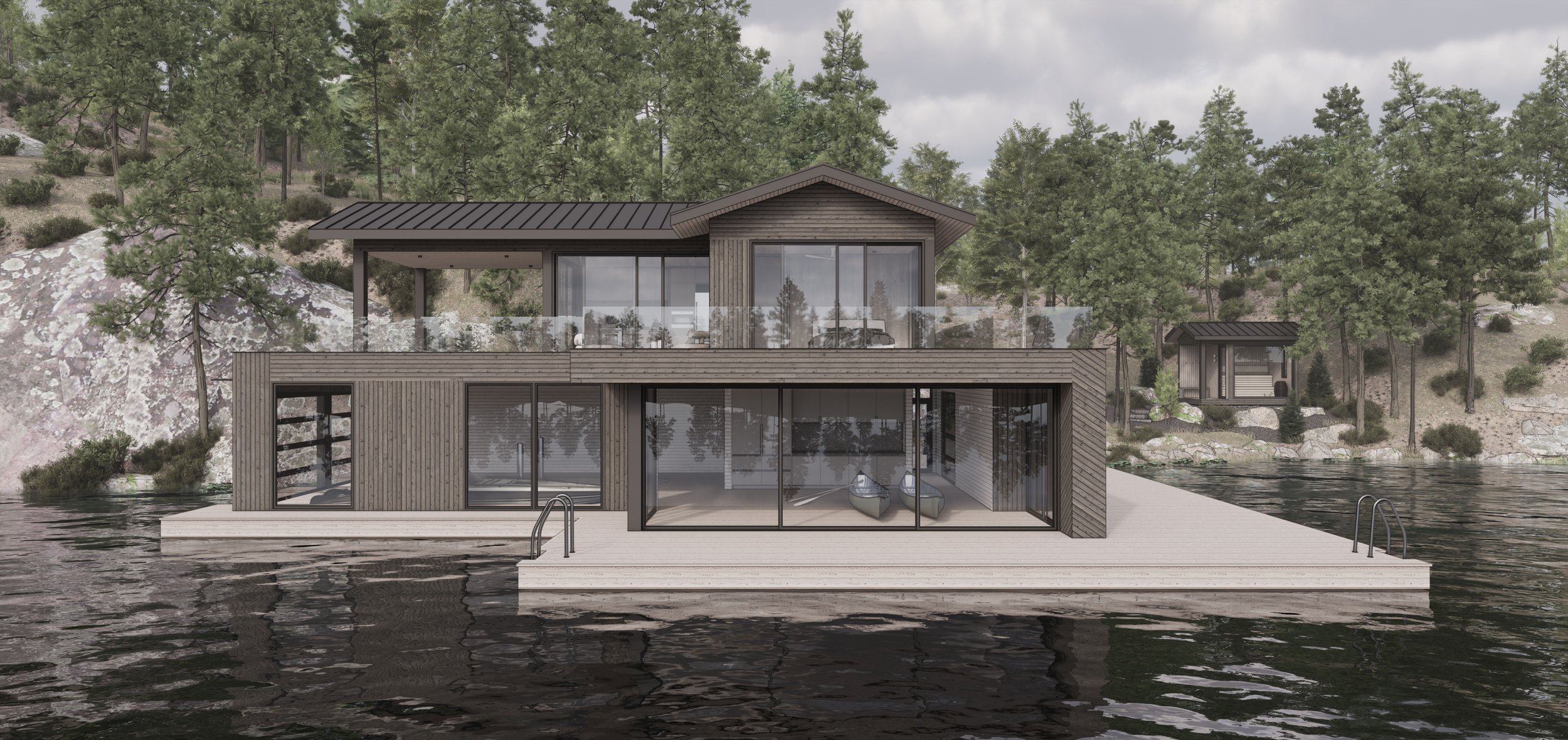 Modern Boathouse Clad in dark wood siding with sloped standing seam metal roof in Muskoka, Lake Rosseau