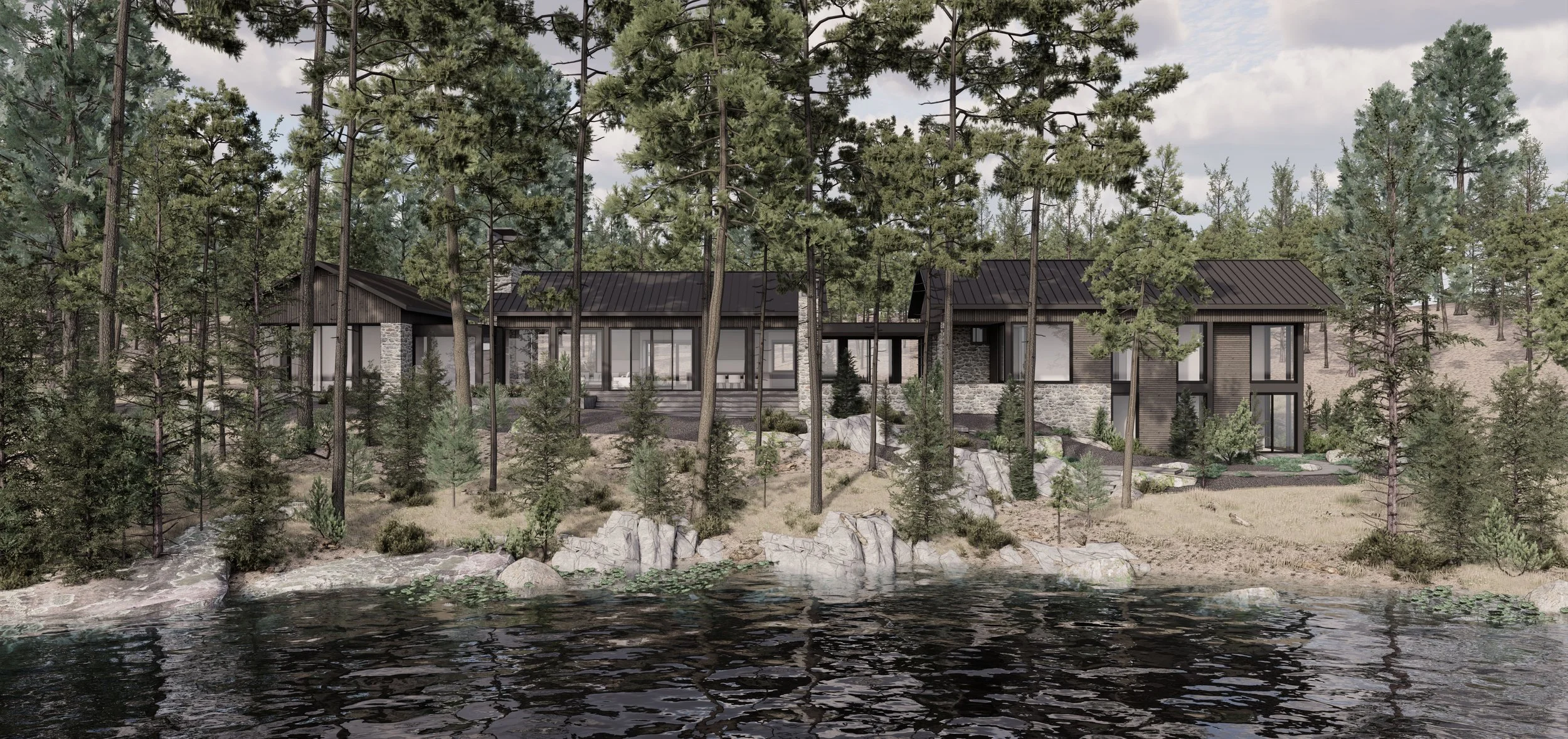 Modern Muskoka lakefront estate on Lake Joe with black standing seam roofs, dark wood siding, and natural granite stone exterior