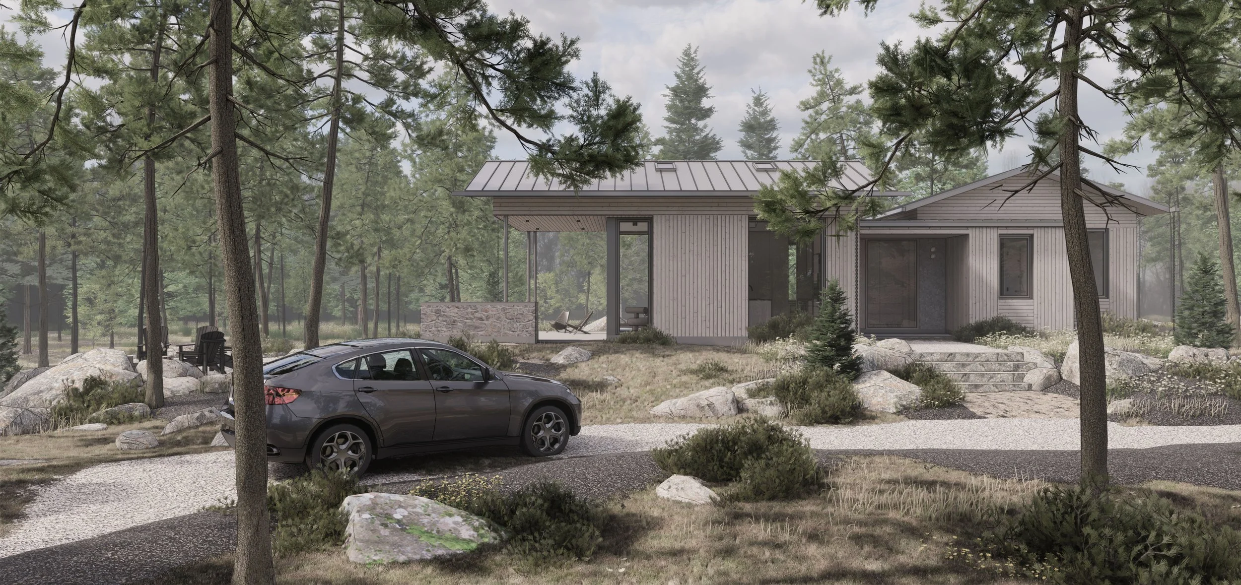 Small 2 Bedroom Modern Cottage clad in white cedar and granite with sloped standing seam metal roof